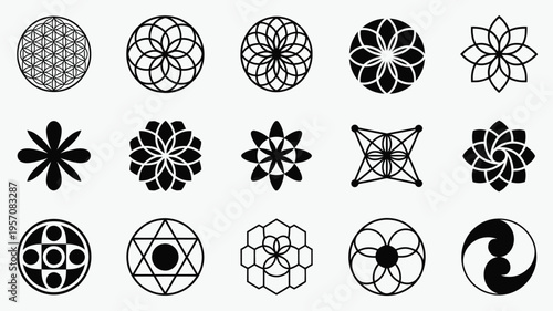 Collection of 15 unique black geometric flower mandala vector logos and symbols on white background for design