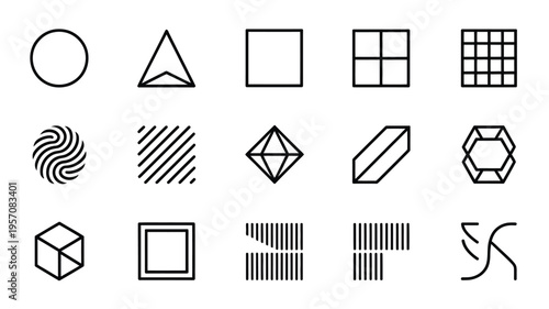 Vector illustration of geometric shapes and patterns in black lines on white background for design and decoration