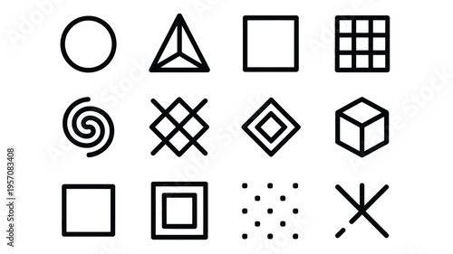 Geometric shapes vector set including squares triangles circles and abstract symbols on white background for design and decoration