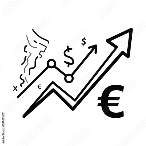 Hand-drawn illustration depicting financial growth and economic trends with an upward arrow graph and currency symbols.