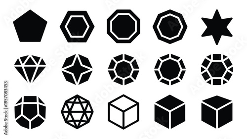 Geometric shapes icons set polygon silhouettes black and white vector graphics abstract symbols