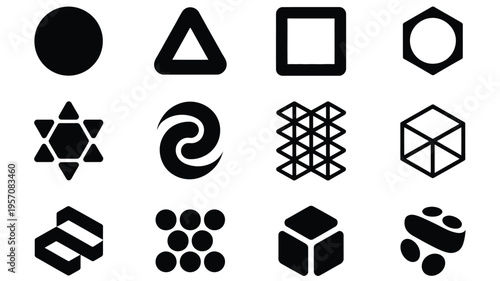 Collection of 12 black geometric vector logos and symbols on white background for branding and design