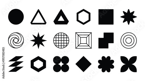 Modern geometric silhouette logo pack with various shapes and symbols for design and branding purposes on white background