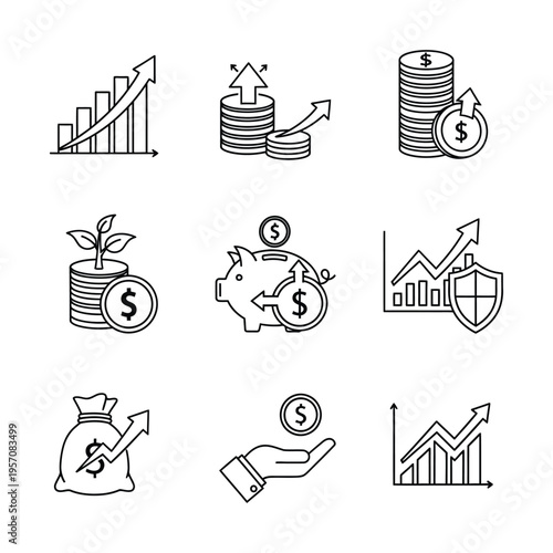 Collection of financial growth and investment icons, depicting money, savings, profit, and market trends with upward arrows and charts.