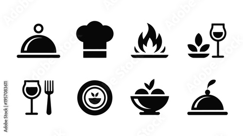 Gourmet cooking logo set with chef hat food icons and wine glasses on white background for restaurant branding
