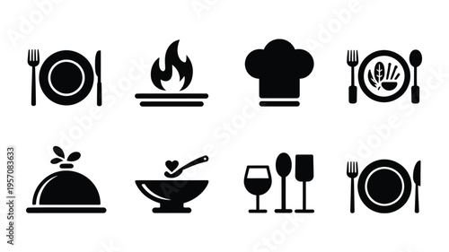 Gourmet cooking icons set including chef hat utensils plates wine glasses and kitchen tools on white background