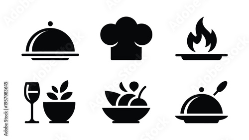 Gourmet cooking logo set with silhouettes of chef hat dishes and wine glass on white background for culinary branding