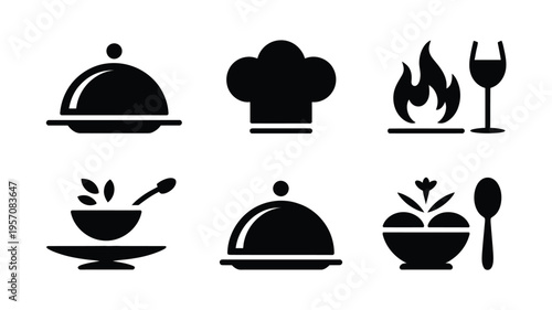 Gourmet cooking logo set with chef hat food icons and utensils on white background for culinary branding