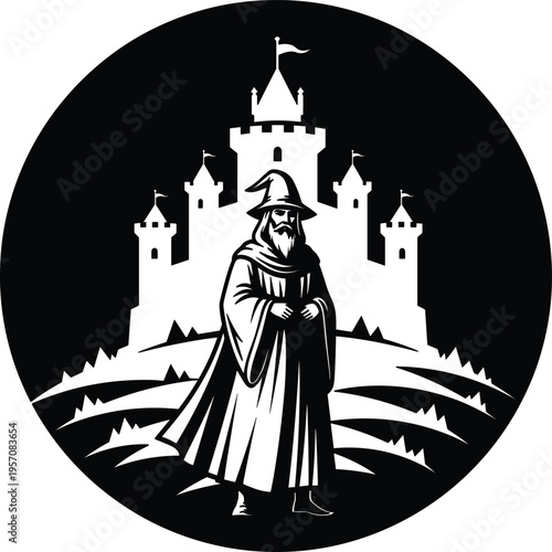 Medieval wizard with castle silhouette icon, fantasy magic character, ancient sorcerer figure, black and white vector illustration emblem design