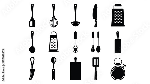 Black kitchen utensil icons set including spatulas knives cutting boards and graters on white background for cooking and recipe design