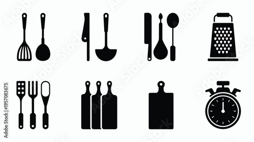 Kitchen utensils and tools silhouette logo bundle for cooking and food preparation