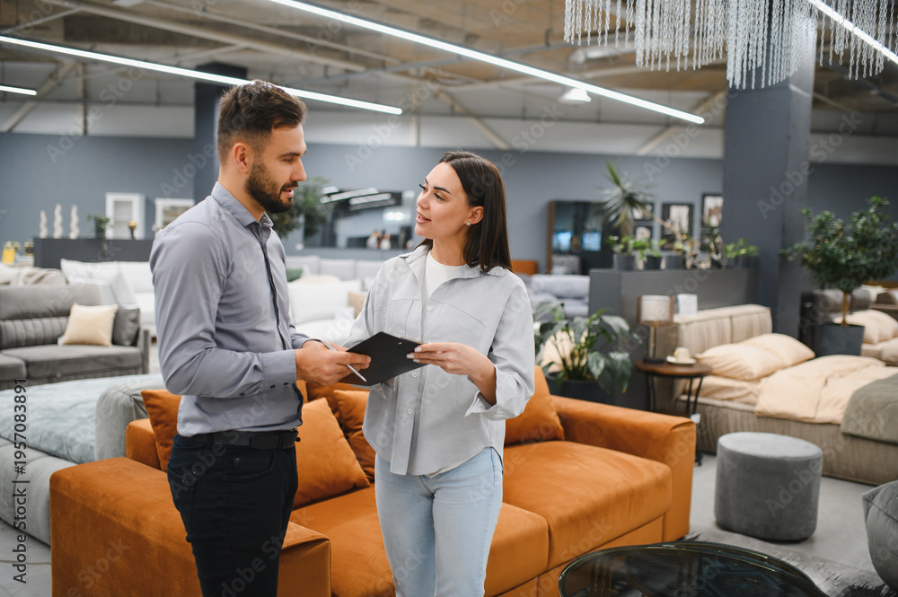 Naklejka premium Female client consulting sales representative in furniture store