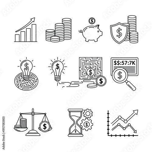 Set of financial and business line icons depicting growth, savings, investment, strategy, analysis, and time management concepts.