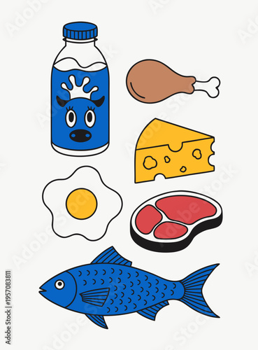 A cow-themed milk bottle, a chicken drumstick, a wedge of cheese, a fried egg, a steak, and a blue fish. Together, they represent common sources of dietary protein in a cheerful, simplified way.