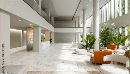 Modern minimalist hotel lobby with marble floor and indoor plants