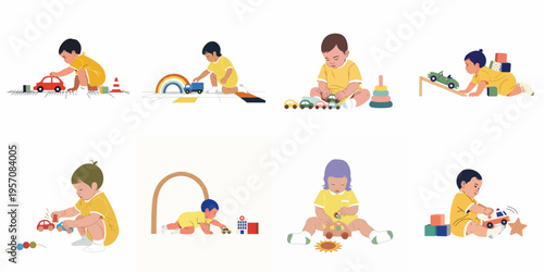 Set of flat illustrations featuring toddlers and babies playing with colorful educational toys and wooden cars on a white background.