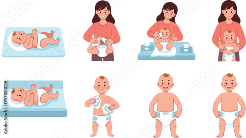 Baby Diaper Changing and Care Process Vector Set with Mother Cleaning Infant Applying Cream and Dressing New Diaper for Childcare Illustration.