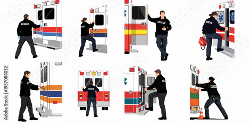 Set of illustrations depicting male and female rescue workers and first responders interacting with ambulances in various emergency service scenarios.