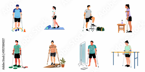 Collection of diverse people performing rehabilitation exercises and physical therapy with crutches for recovery and mobility.