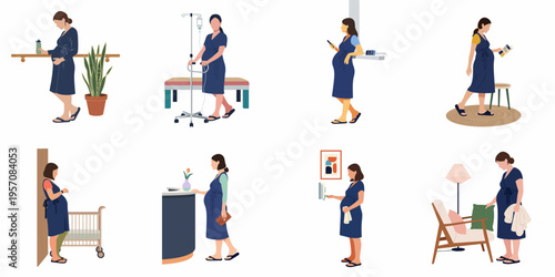 Vector illustration set depicting a pregnant woman in a blue robe in various scenes at a maternity hospital, from reception to nursery preparation.