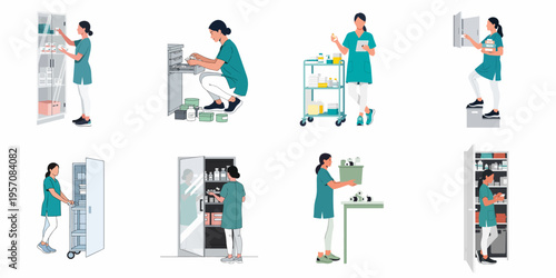 Set of Illustrations Showing a Nurse Managing Medical Supplies, Inventory, and Pharmacy Cabinets in a Hospital or Clinic Setting
