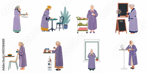 Vector illustration set of elderly women in purple robes and headscarves enjoying tea and coffee in various daily life and cafe settings.