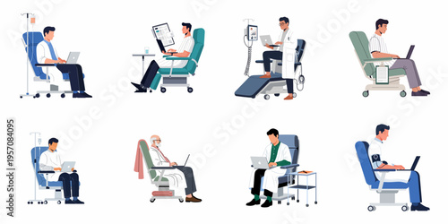 Flat vector illustration set of patients and healthcare professionals working on laptops while receiving medical treatment in clinical chairs.