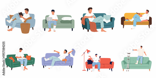 Illustration set of a man with a broken leg in a cast resting and performing various activities on a sofa at home.