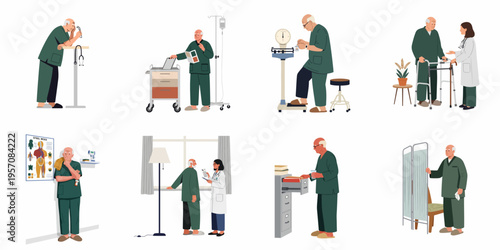 Collection of flat vector illustrations depicting an elderly man navigating various medical checkups, hospital procedures, and consultations with healthcare professionals.