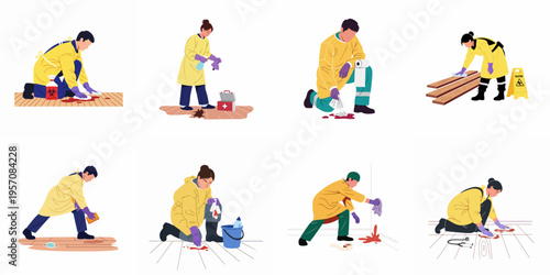 Set of professional workers in protective gear cleaning up biohazard spills and blood stains, remediation and sanitization service flat vector illustrations.
