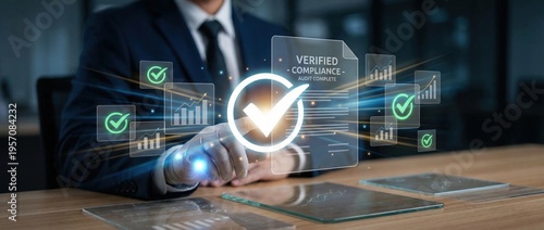Ensuring verified compliance in business operations corporate office digital compliance management professional environment close-up view business growth and efficiency