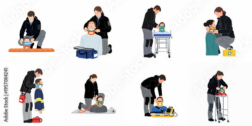 Emergency medical responders applying cervical collars to patients in various rescue and first aid scenarios, flat vector illustration set.