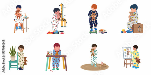 Collection of illustrations depicting a young boy in rocket pajamas at a pediatric clinic for regular health check-ups and growth monitoring.