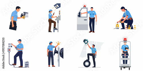 Security personnel and law enforcement officers performing various professional duties including surveillance, monitoring controls, and patrolling, set of isolated flat vector characters.