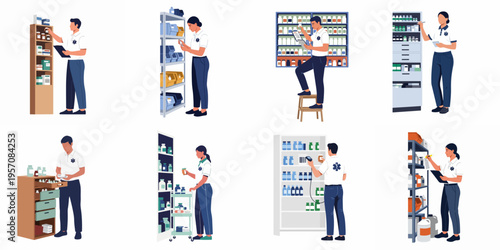 Collection of flat vector illustrations showing medical staff and paramedics managing pharmaceutical inventory, checking stock, and organizing medicine supplies in a hospital warehouse.