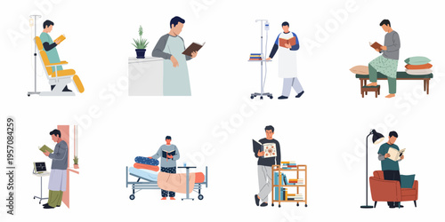 Set of Hospital Patients Reading Books for Recovery and Relaxation in a Medical Setting