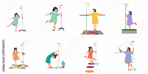 A collection of illustrations featuring young girls in hospital gowns playing, dancing, and being active while attached to IV drip poles.