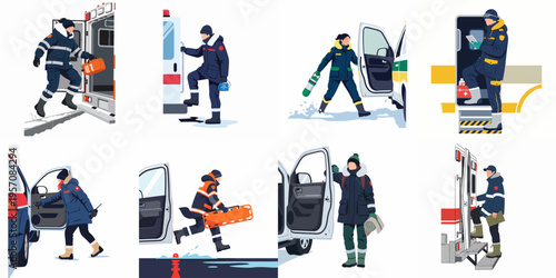 Collection of illustrations showing paramedics and emergency medical technicians in winter uniforms performing duties with ambulances and medical gear in cold weather.