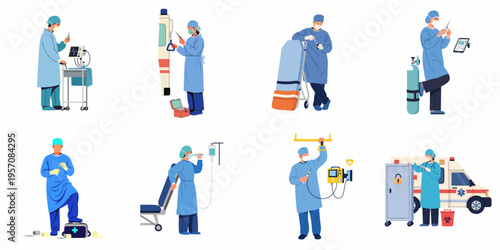 Collection of Flat Vector Illustrations Showing Medical Staff in Blue Scrubs Performing Diverse Healthcare Tasks and Emergency Procedures