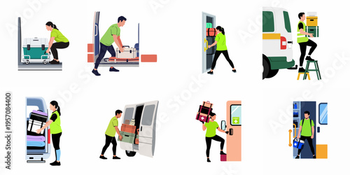 Set of illustrations depicting workers in uniforms manually handling and loading various cargo, equipment, and medical supplies into transport vehicles.