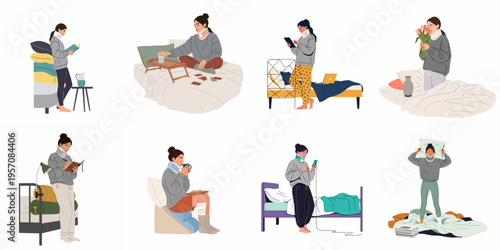 Set of illustrations depicting a young woman's daily life and recovery at home while wearing a cervical neck brace.
