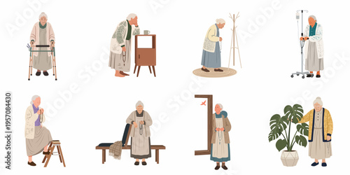Set of flat vector illustrations of an elderly woman's daily life, featuring religious devotion with a rosary and various senior health situations.