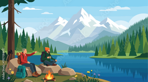 Two hikers take a break by a tranquil lake, pointing towards majestic snow-capped mountains, enjoying a campfire in a scenic wilderness landscape.