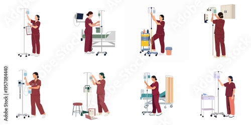 Collection of medical illustrations featuring a female nurse in maroon scrubs managing IV drips and clinical equipment in various hospital settings.