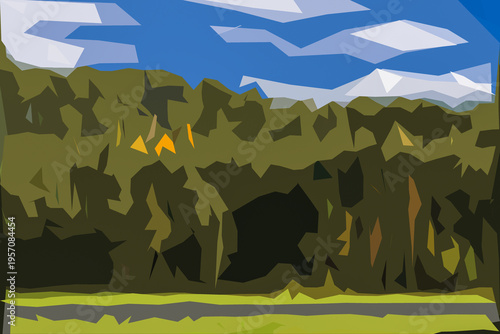 AUTUMN LANDSCAPE - Colorful tree leaves among the green pines

