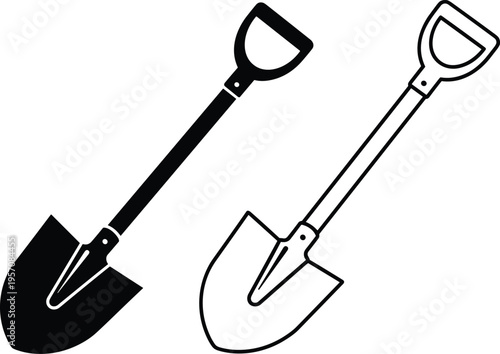 Shovel spade icon set with solid and outline styles, gardening tool equipment, digging symbol, black vector illustration isolated design