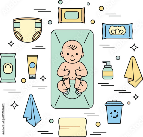 Baby Diaper Changing Station Illustration with Wipes Cream Diaper Trash Bin and Hygiene Accessories for Infant Care and Nursery Design.