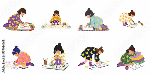 Set of illustrations featuring a young girl in duck-patterned pajamas engaged in various artistic activities like drawing and coloring in sketchbooks.