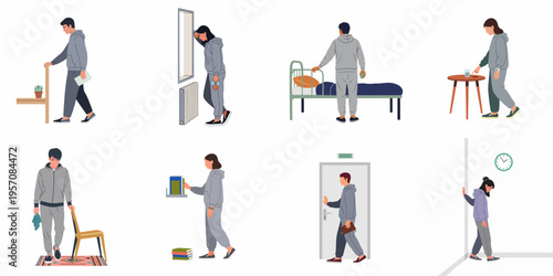Set of illustrations showing diverse people experiencing fatigue, depression, and illness while wearing grey loungewear in various domestic indoor settings.