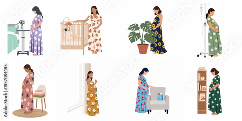 Flat illustration set of diverse pregnant women in various settings including home, hospital, and nursery, capturing the journey of motherhood and prenatal care.
